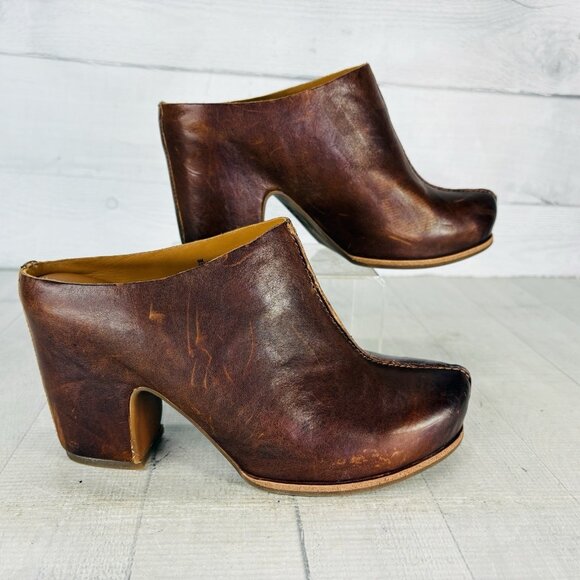 Kork-Ease Original SAGANO Rum Brown Leather Wrapped Block Heel Mules Clog Sz 9 M - Picture 2 of 16